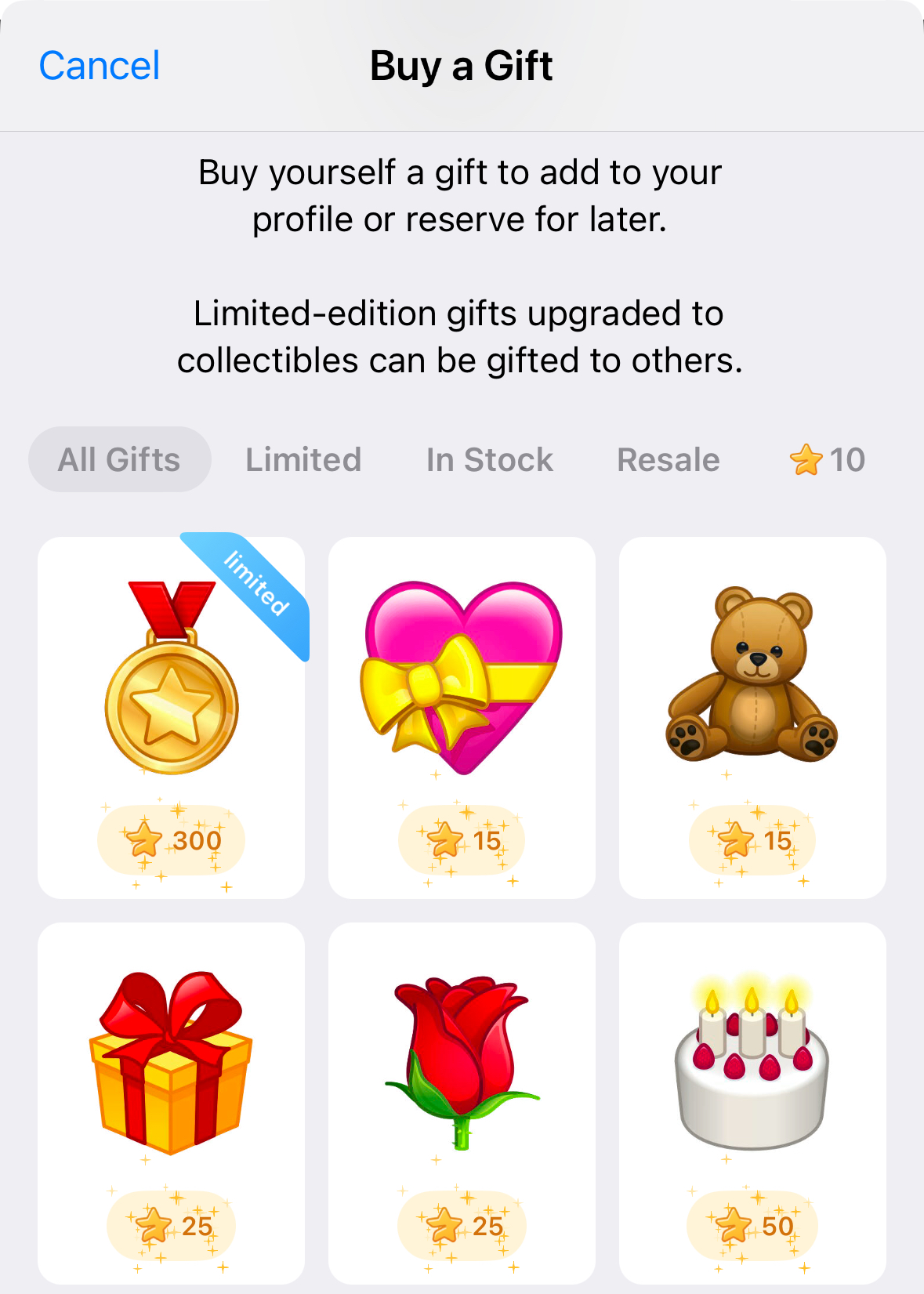 Telegram Gifts filter options