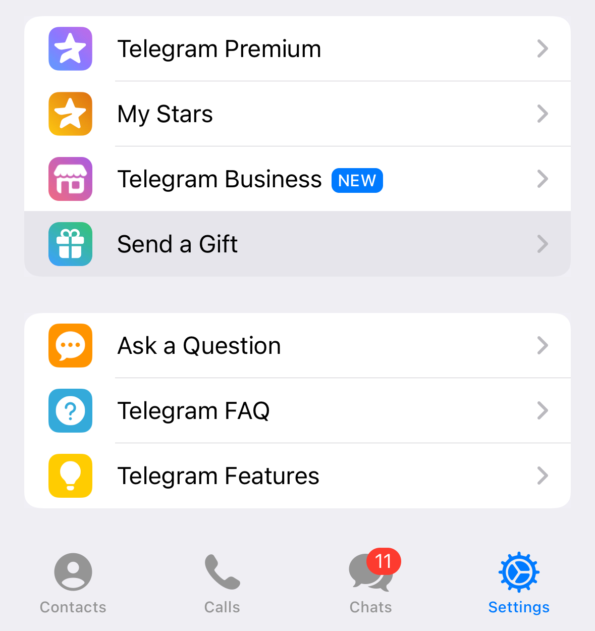 Telegram's Send a Gift button in Settings menu