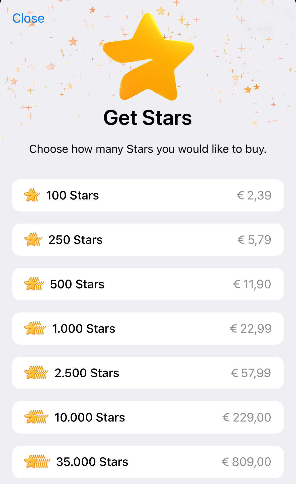 Telegram's Stars purchase interface