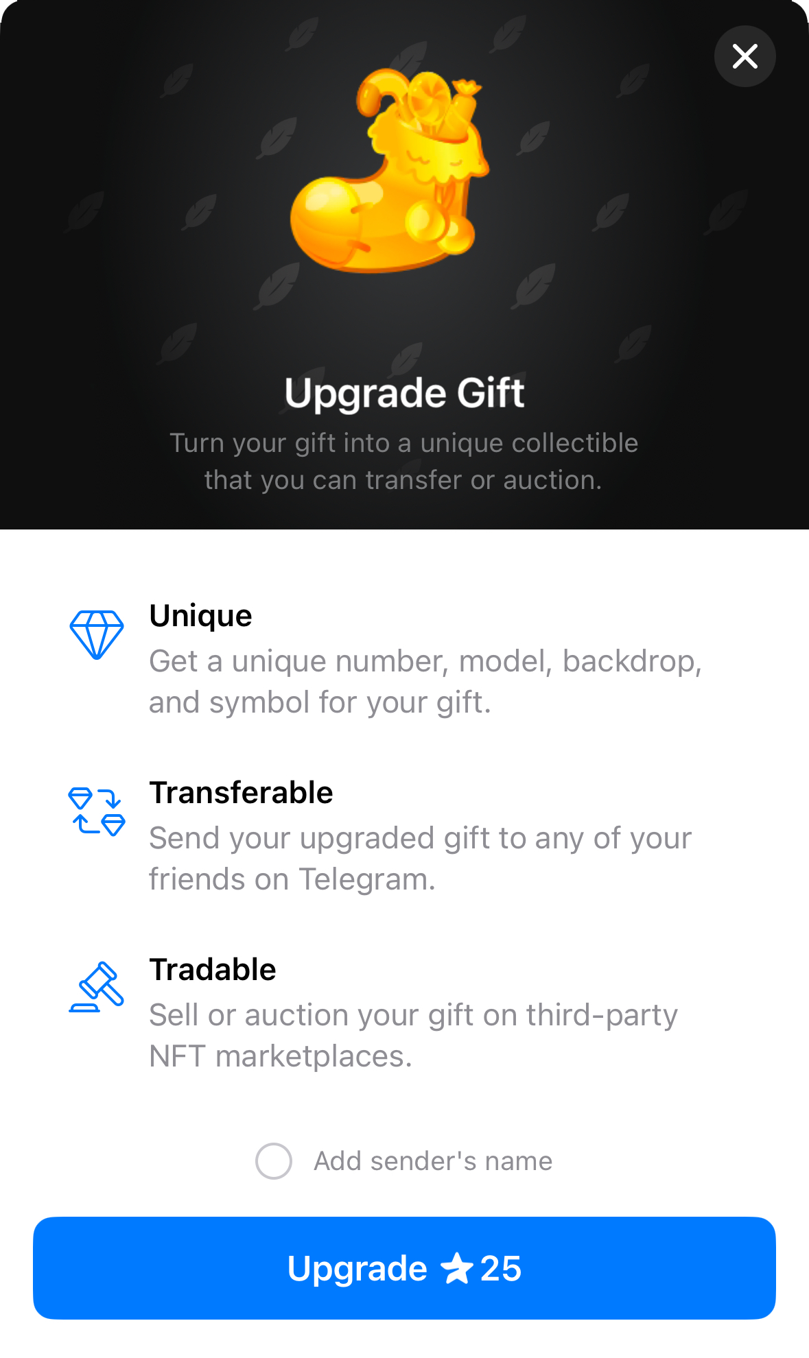 Gift upgrade interface in Telegram